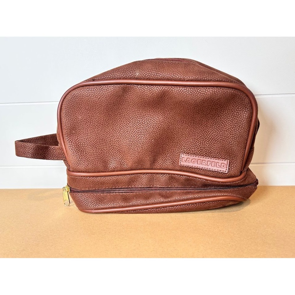 Lagerfeld Parfums Brown Pebbled Toiletry Bag‎ Dual Compartment Mens Travel